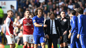 LONDON, ENGLAND - SEPTEMBER 17: (3rdL) Chelsea's David Luiz leaves the field after his red card with the protesting Chelsea manager Antonio Conte as (L) Aaron Ramsey and (2ndL) Granit Xhaka of Arsenal look on during the Premier League match between Chelsea and Arsenal at Stamford Bridge on September 17, 2017 in London, England. (Photo by Stuart MacFarlane/Arsenal FC via Getty Images)