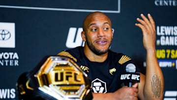 HOUSTON, TX - AUGUST 07: Ciryl Gane speaks during the post fight press conference after defeating Derrick Lewis for the Heavyweight title belt during UFC 265 at Toyota Center on August 7, 2021 in Houston, Texas. (Photo by Alex Bierens de Haan/Getty Images )