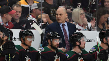 GLENDALE, ARIZONA - OCTOBER 05: Head coach Rick Tocchet of the Arizona Coyotes looks on from the bench during a game against the Boston Bruins at Gila River Arena on October 05, 2019 in Glendale, Arizona. (Photo by Norm Hall/NHLI via Getty Images)
