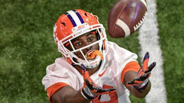 Clemson running back Michel Dukes(19) catches a ball in a drill during Spring practice at the Poe Indoor Facility in Clemson Friday, February 28, 2020.Clemson Football Spring Practice Friday Feb 28
