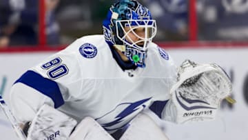 OTTAWA, ON - APRIL 01: Tampa Bay Lightning Goalie Edward Pasquale (80) prepares to make a save during warm-up before National Hockey League action between the Tampa Bay Lightning and Ottawa Senators on April 1, 2019, at Canadian Tire Centre in Ottawa, ON, Canada. (Photo by Richard A. Whittaker/Icon Sportswire via Getty Images)