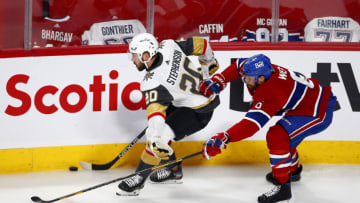 Chandler Stephenson with the puck for the Vegas Golden Knights. (Photo by Vaughn Ridley/Getty Images)