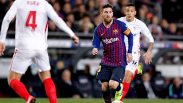 BARCELONA, SPAIN - JANUARY 30: Lionel Messi of FC Barcelona during the Spanish Copa del Rey match between FC Barcelona v Sevilla at the Camp Nou on January 30, 2019 in Barcelona Spain (Photo by Jeroen Meuwsen/Soccrates/Getty Images)