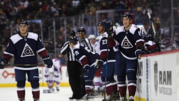 Dec 31, 2016; Denver, CO, USA; Colorado Avalanche defenseman Tyson Barrie (4) and defenseman Nikita Zadorov (16) await a review of goal in the third period against the New York Rangers at Pepsi Center. The Rangers defeated the Avalanche 6-2. Mandatory Credit: Ron Chenoy-USA TODAY Sports