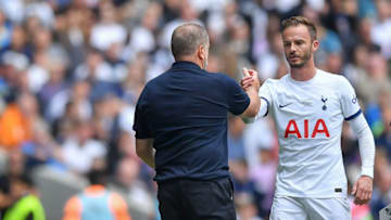 LONDON, ENGLAND - AUGUST 6: James Maddison of Tottenham Hotspur and Ange Postecoglou of Tottenham Hotspur during the pre-season friendly match between Tottenham Hotspur and Shakhtar Donetsk at Tottenham Hotspur Stadium on August 6, 2023 in England. (Photo by Vince Mignott/MB Media/Getty Images)