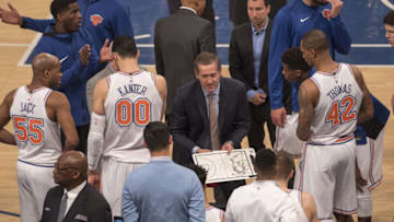 NEW YORK, NY - JANUARY 02: Head Coach Jeff Hornacek of the New York Knicks during a timeout in the game against the San Antonio Spurs at Madison Square Garden on January 02, 2018 in New York City. (Photo by Matteo Marchi/Getty Images)