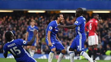 LONDON, ENGLAND - OCTOBER 23: N'Golo Kante of Chelsea celebrates scoring his sides fourth goal with team mates during the Premier League match between Chelsea and Manchester United at Stamford Bridge on October 23, 2016 in London, England. (Photo by Mike Hewitt/Getty Images)
