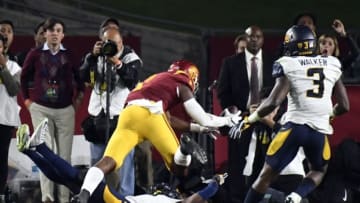 Oct 27, 2016; Los Angeles, CA, USA; USC Trojans wide receiver Darreus Rogers (1) makes a catch for a touchdown over California Golden Bears cornerback Marloshawn Franklin Jr. (18) in the second quarter at Los Angeles Memorial Coliseum. Mandatory Credit: Richard Mackson-USA TODAY Sports