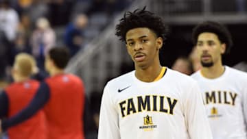 EVANSVILLE, IN - MARCH 09: Murray State Racers Guard Ja Morant (12) warms up for the Ohio Valley Conference (OVC) Championship college basketball game between the Murray State Racers and the Belmont Bruins on March 9, 2019, at the Ford Center in Evansville, Indiana. (Photo by Michael Allio/Icon Sportswire via Getty Images)