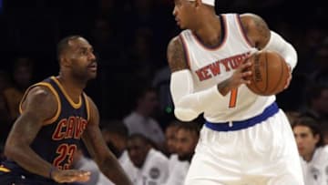 Nov 13, 2015; New York, NY, USA; Cleveland Cavaliers forward LeBron James (23) defends New York Knicks forward Carmelo Anthony (7) during the first half on an NBA basketball game at Madison Square Garden. Mandatory Credit: Adam Hunger-USA TODAY Sports