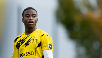 Youssoufa Moukoko of Borussia Dortmund U19 looks on. (Photo by Max Maiwald/DeFodi Images via Getty Images)