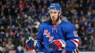 NEW YORK, NY - FEBRUARY 02: Kevin Hayes #13 of the New York Rangers skates against the Tampa Bay Lightning at Madison Square Garden on February 2, 2019 in New York City. The Tampa Bay Lightning won 3-2. (Photo by Jared Silber/NHLI via Getty Images)
