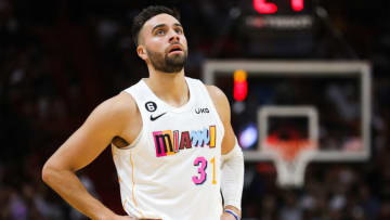 Max Strus #31 of the Miami Heat looks on against the LA Clippers (Photo by Megan Briggs/Getty Images)