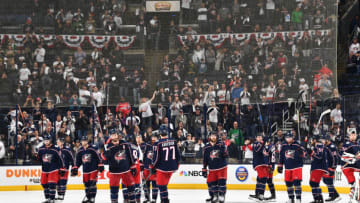 COLUMBUS, OH - APRIL 23: The Columbus Blue Jackets salute their fans following a 6-3 loss against the Washington Capitals in Game Six of the Eastern Conference First Round during the 2018 NHL Stanley Cup Playoffs on April 23, 2018 at Nationwide Arena in Columbus, Ohio. (Photo by Jamie Sabau/NHLI via Getty Images)