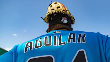 Miami Marlins first baseman Jesus Aguilar at first full workout of spring training at Roger Dean Stadium in Jupiter on Feb. 17, 2019. [ALLEN EYESTONE/palmbeachpost.com]Roger Dean 2020 107