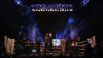 LONDON, ENGLAND - JULY 14: Floyd Mayweather Jr. and Conor McGregor come face to face during the Floyd Mayweather Jr. v Conor McGregor World Press Tour at SSE Arena on July 14, 2017 in London, England. (Photo by Matthew Lewis/Getty Images)