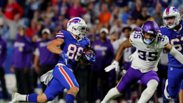 ORCHARD PARK, NY - AUGUST 29: Nick Easley #86 of the Buffalo Bills runs the ball after a catch as Isaiah Wharton #35 of the Minnesota Vikings looks to make a tackle during the second half of a preseason game at New Era Field on August 29, 2019 in Orchard Park, New York. Buffalo beats Minnesota 27 to 23. (Photo by Timothy T Ludwig/Getty Images)