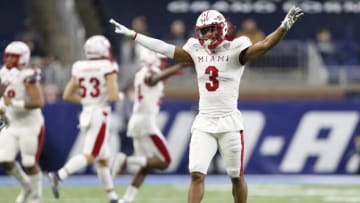 Dec 7, 2019; Detroit, MI, USA; Miami Redhawks defensive back Mike Brown (3) raises his arms in celebration after a defensive stop against the Central Michigan Chippewas during the third quarter in the MAC Championship game at Ford Field. Mandatory Credit: Raj Mehta-USA TODAY Sports