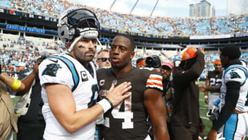 CHARLOTTE, NORTH CAROLINA - SEPTEMBER 11: Quarterback Baker Mayfield #6 of the Carolina Panthers is greeted by running back Nick Chubb #24 of the Cleveland Browns following their NFL game at Bank of America Stadium on September 11, 2022 in Charlotte, North Carolina. (Photo by Jared C. Tilton/Getty Images)