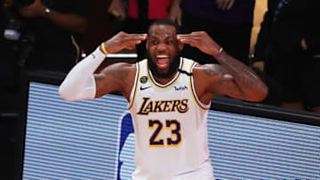 LAKE BUENA VISTA, FLORIDA - OCTOBER 11: LeBron James #23 of the Los Angeles Lakers reacts after winning the 2020 NBA Championship over the Miami Heat in Game Six of the 2020 NBA Finals at AdventHealth Arena at the ESPN Wide World Of Sports Complex on October 11, 2020 in Lake Buena Vista, Florida. NOTE TO USER: User expressly acknowledges and agrees that, by downloading and or using this photograph, User is consenting to the terms and conditions of the Getty Images License Agreement. (Photo by Mike Ehrmann/Getty Images)