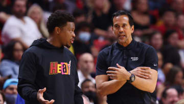 Kyle Lowry #7 of the Miami Heat talks with head coach Erik Spoelstra against the Cleveland Cavaliers(Photo by Michael Reaves/Getty Images)