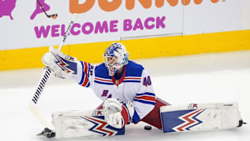 TORONTO, ONTARIO - AUGUST 01: Alexandar Georgiev #40 of the New York Rangers stretches in warm-ups prior to the game against the Carolina Hurricanes in Game One of the Eastern Conference Qualification Round prior to the 2020 NHL Stanley Cup Playoffs at Scotiabank Arena on August 1, 2020 in Toronto, Ontario, Canada. (Photo by Andre Ringuette/Getty Images)