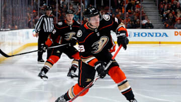 ANAHEIM, CA - APRIL 14: Jakob Silfverberg #33 of the Anaheim Ducks winds up for a shot in Game Two of the Western Conference First Round against the San Jose Sharks during the 2018 NHL Stanley Cup Playoffs at Honda Center on April 14, 2018 in Anaheim, California. (Photo by Debora Robinson/NHLI via Getty Images) *** Local Caption ***