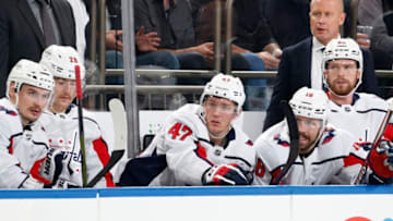 NEW YORK, NY - NOVEMBER 20: Beck Malenstyn #47 of the Washington Capitals looks on from the bench during his first NHL game against the New York Rangers at Madison Square Garden on November 20, 2019 in New York City. (Photo by Jared Silber/NHLI via Getty Images)