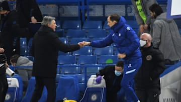 LONDON, ENGLAND - MARCH 08: Thomas Tuchel, Manager of Chelsea and Carlo Ancelotti, Manager of Everton interact after the Premier League match between Chelsea and Everton at Stamford Bridge on March 08, 2021 in London, England. Sporting stadiums around the UK remain under strict restrictions due to the Coronavirus Pandemic as Government social distancing laws prohibit fans inside venues resulting in games being played behind closed doors. (Photo by Glyn Kirk - Pool/Getty Images)