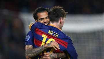 Lionel Messi of FC Barcelona celebrates with Dani Alves after scoring his side's second goalduring the UEFA Champions League, Group E, football match between FC Barcelona and AS Roma on November 24, 2015 at Camp Nou stadium in Barcelona, Spain. Photo: Manuel Blondeau/AOP Press/Corbis (Photo by AOP.Press/Corbis via Getty Images)