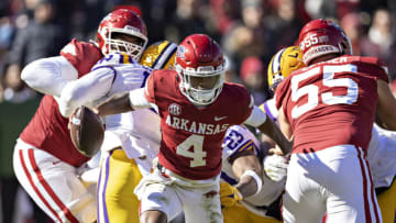 Malik Hornsby #4 of the Arkansas Razorbacks runs the ball (Photo by Wesley Hitt/Getty Images)