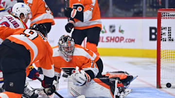 Dec 3, 2022; Philadelphia, Pennsylvania, USA; Philadelphia Flyers goalie Carter Hart (79) allows a goal to New Jersey Devils left wing Fabian Zetterlund (49) in the second period at Wells Fargo Center. Mandatory Credit: Kyle Ross-USA TODAY Sports