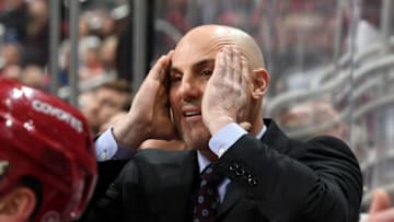GLENDALE, AZ - MARCH 07: Head coach Rick Tocchet of the Arizona Coyotes reacts after a penalty call by officials during third period action against the Calgary Flames at Gila River Arena on March 7, 2019 in Glendale, Arizona. (Photo by Norm Hall/NHLI via Getty Images)