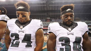 Aug 27, 2016; Indianapolis, IN, USA; Philadelphia Eagles Ryan Mathews (24) and Kenjon Barner (34) during the National Anthem before the start of their game against the Indianapolis Colts at Lucas Oil Stadium. Mandatory Credit: Thomas J. Russo-USA TODAY Sports