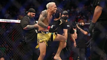 May 15, 2021; Houston, Texas, USA; Charles Oliveira reacts following his championship TKO victory against Michael Chandler during UFC 262 at Toyota Center. Mandatory Credit: Troy Taormina-USA TODAY Sports