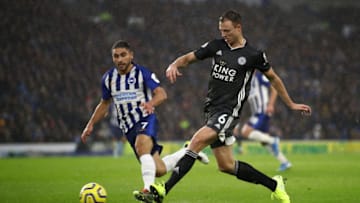BRIGHTON, ENGLAND - NOVEMBER 23: Neal Maupay of Brighton cand Hove Albion chases Jonny Evans of Leicester City during the Premier League match between Brighton & Hove Albion and Leicester City at American Express Community Stadium on November 23, 2019 in Brighton, United Kingdom. (Photo by Bryn Lennon/Getty Images)