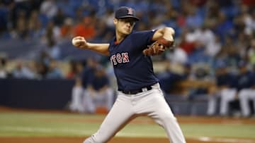 Sep 23, 2016; St. Petersburg, FL, USA; Boston Red Sox relief pitcher Joe Kelly (56) throws a pitch during the sixth inning against the Tampa Bay Rays at Tropicana Field. Mandatory Credit: Kim Klement-USA TODAY Sports