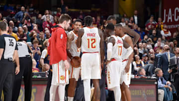 CLEVELAND, OH - NOVEMBER 5: The Atlanta Hawks huddle during the game against the Cleveland Cavaliers on November 5, 2017 at Quicken Loans Arena in Cleveland, Ohio. NOTE TO USER: User expressly acknowledges and agrees that, by downloading and or using this Photograph, user is consenting to the terms and conditions of the Getty Images License Agreement. Mandatory Copyright Notice: Copyright 2017 NBAE (Photo by David Liam Kyle/NBAE via Getty Images)
