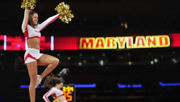 Apr 2, 2013; New York, NY, USA; Maryland Terrapins cheerleaders perform against the Iowa Hawkeyes during the second half of the NIT Tournament semifinal at Madison Square Garden. Iowa won the game 71-60. Mandatory Credit: Joe Camporeale-USA TODAY Sports