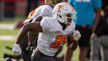 Jan 27, 2021; American wide receiver Josh Palmer of Tennessee (85) runs a route during American practice at Hancock Whitney Stadium in Mobile, Alabama, USA; Mandatory Credit: Vasha Hunt-USA TODAY Sports