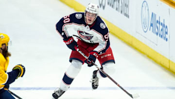 NASHVILLE, TN - APRIL 7: Eric Robinson #50 of the Columbus Blue Jackets skates against the Nashville Predators during an NHL game at Bridgestone Arena on April 7, 2018 in Nashville, Tennessee. (Photo by Ronald C. Modra /NHL/ Getty Images)