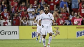 Jul 16, 2016; Dallas, TX, USA; Chicago Fire forward Arturo Alvarez (12) celebrates after scoring a goal during the second half against FC Dallas at Toyota Stadium. Mandatory Credit: Kevin Jairaj-USA TODAY Sports