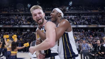 INDIANAPOLIS, IN - MARCH 14: Domantas Sabonis #11 and Myles Turner #33 of the Indiana Pacers react after defeating the Oklahoma City Thunder on March 14, 2019 at Bankers Life Fieldhouse in Indianapolis, Indiana. NOTE TO USER: User expressly acknowledges and agrees that, by downloading and or using this Photograph, user is consenting to the terms and conditions of the Getty Images License Agreement. Mandatory Copyright Notice: Copyright 2019 NBAE (Photo by Ron Hoskins/NBAE via Getty Images)