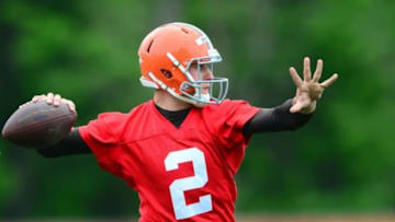 May 28, 2014; Berea, OH, USA; Cleveland Browns quarterback Johnny Manziel (2) throws a pass during organized team activities at Cleveland Browns training facility. Mandatory Credit: Andrew Weber-USA TODAY Sports