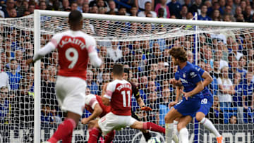 LONDON, ENGLAND - AUGUST 18: Marcos Alonso of Chelsea scores his team's third goal during the Premier League match between Chelsea FC and Arsenal FC at Stamford Bridge on August 18, 2018 in London, United Kingdom. (Photo by Shaun Botterill/Getty Images)