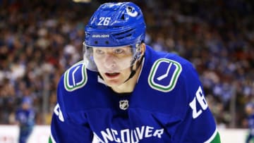 VANCOUVER, BC - MARCH 6: Antoine Roussel #26 of the Vancouver Canucks skates up ice during their NHL game against the Toronto Maple Leafs at Rogers Arena March 6, 2019 in Vancouver, British Columbia, Canada. (Photo by Jeff Vinnick/NHLI via Getty Images)"n