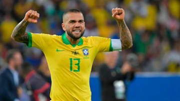 Brazil's Dani Alves celbrates after defeating Peru to win the Copa America football tournament at Maracana Stadium in Rio de Janeiro, Brazil, on July 7, 2019. (Photo by Luis Acosta / AFP) (Photo credit should read LUIS ACOSTA/AFP via Getty Images)