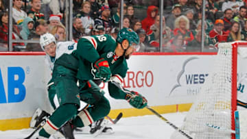 ST. PAUL, MN - DECEMBER 18: Jordan Greenway #18 of the Minnesota Wild goes to the net with the puck during a game with the San Jose Sharks at Xcel Energy Center on December 18, 2018 in St. Paul, Minnesota.(Photo by Bruce Kluckhohn/NHLI via Getty Images)