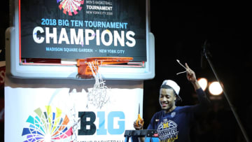 NEW YORK, NY - MARCH 04: Muhammad-Ali Abdur-Rahkman #12 of the Michigan Wolverines celebrates after defeating the Purdue Boilermakers 75-66 during the championship game of the Big 10 Basketball Tournament at Madison Square Garden on March 4, 2018 in New York City. (Photo by Abbie Parr/Getty Images)