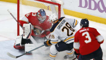 SUNRISE, FL - NOVEMBER 24: Keith Yandle #3 of the Florida Panthers is unable to stop Zemgus Girgensons #28 of the Buffalo Sabres from scoring a goal past Goaltender Sam Montembeault #33 at the BB&T Center on November 24, 2019 in Sunrise, Florida. The Sabres defeated the Panthers 5-2. (Photo by Joel Auerbach/Getty Images)